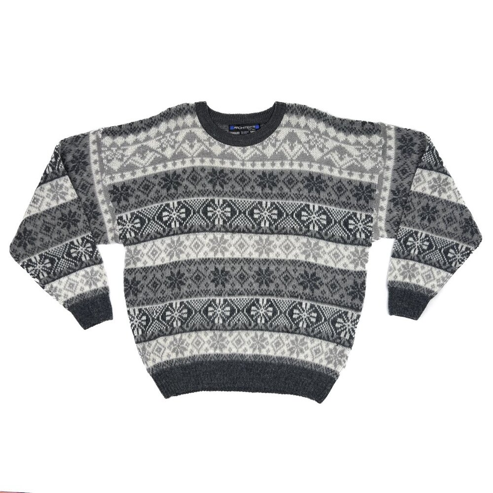 ‘90s Vintage Fair Isle Nordic Wool Blend Sweater Gray White Size XL - NWOT - Picture 2 of 7